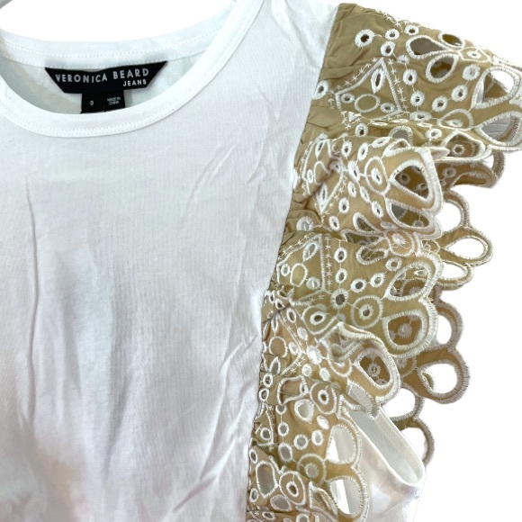 Veronica Beard Jadi Eyelet Ruffle Tee White & Light Khaki, Size S - Picture 9 of 11